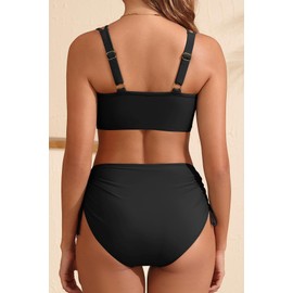 Two Piece High Waisted Bikini - Tummy Control Bathing Suit 2025 U-Wired Swimsuit Full Coverage Drawstring Swimwear Black L