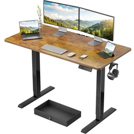 Marsail Electric Standing Desk with Drawer, 48 x 24 Electric Stand Up Desk, Ergonomic Adjustable Desk with Storage, Headphone/Bag Hooks, Computer Desk for Home & Office with Cable Management,Brown