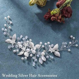 Ushiny Pearl Bride Wedding Hair Vine Silver Leaf Bridal Headband Rhinestone Stylist Hair Accessories for Women and Girls