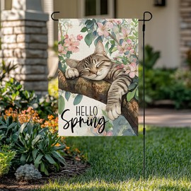 CROWNED BEAUTY Spring Garden Flag Cat on Floral Tree Double Sided 12x18 Inches Small Burlap Holiday Seasonal Yard Decoration for Outside Porch CF1740-12