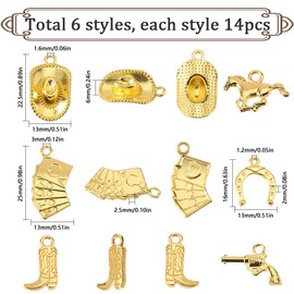 SUNNYCLUE 1 Box 84Pcs 6 Styles Western Cowboy Charms Cowboy Boots Charms Gold Alloy Metal Boots Hats Horses Horseshoe Antique Cowboy Charm for Jewellery Making Charms Diy Necklace Bracelet Earring