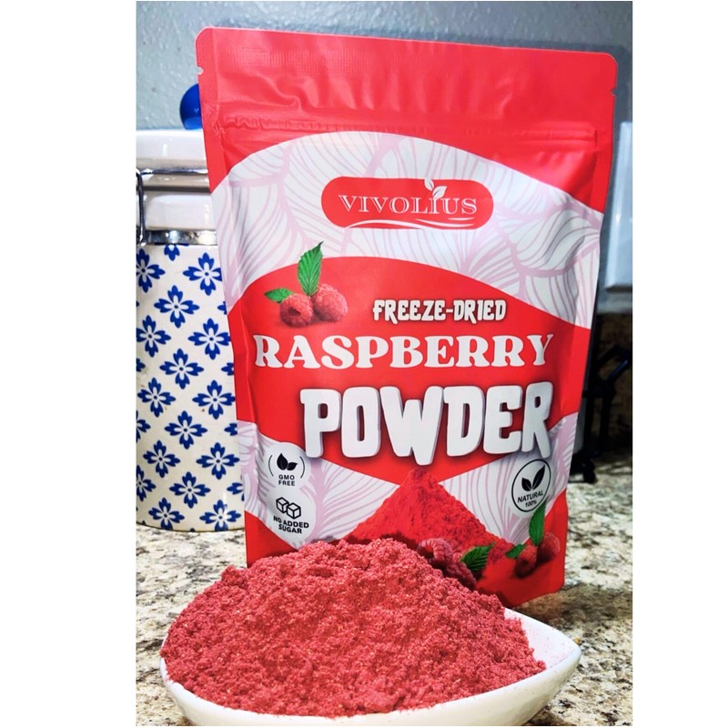 Raspberry Powder 8 Oz, Freeze Dried, Vivolius, No Sugar added,