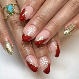 Vopintpy Christmas White Snowflake Fake Nails Long Almond Winter Xmas Press on Nails Red French Tip Acrylic Nails with Gold Glitter Glue on Nails Glossy Reusable Stick on Nails for Women