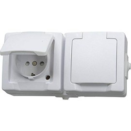 Kopp Nautic Double Protective Contact Socket with Hinged Lid and Increased Touch Protection, Surface-Mounted Wet Room, Horizontal, 16 A, 250 V/AC, IP44, Arctic White, 137002003