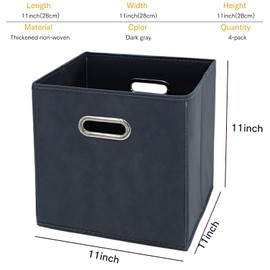 Yunkeeper 11 Inch Cube Storage Bins, Fabric Cubes Organizer Baskets with Handle, Foldable Basket for Closet or Collapsible Storage Box, 11x11x11 Set of 4 (Grey)