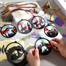 30 Pcs Christmas Nativity Suncatchers Paper Craft Set Xmas Birth of Jesus DIY Stained Glass Effect Tissue Paper Kits Gift Bulk for Religious Church Classroom Activities Art Party Decor