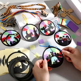 30 Pcs Christmas Nativity Suncatchers Paper Craft Set Xmas Birth of Jesus DIY Stained Glass Effect Tissue Paper Kits Gift Bulk for Religious Church Classroom Activities Art Party Decor