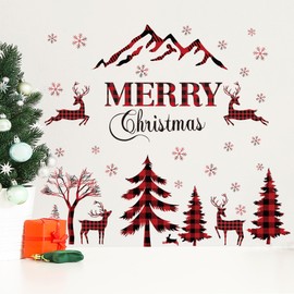 Merry Christmas Wall Decal Red & Black Buffalo Plaid Christmas Tree Wall Decal Sticker Christmas Deer Window Clings Snow Removable Home Decor Wall Mural Peel and Stick for Christmas Party Supplies