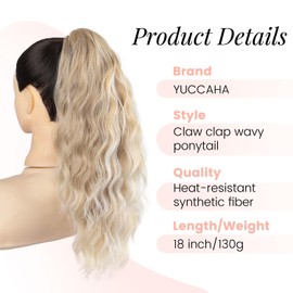 Claw Wavy Ponytail Extension 18" for Women Curly Pony Tail Clip in Hair Extensions Shoulder Length Fluffy Natural Looking Synthetic Hairpiece for Daily Use (Blonde to Light Blonde)