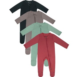 Jimonda Baby Romper 4-Pack - Zip-Up Sleep & Play Pajamas for 0-24 Months | 2-Way Zipper, Unisex Footed Design, Ultra-Soft Stretchy Fabric(Green&Brown&Black&Red,12-18M)