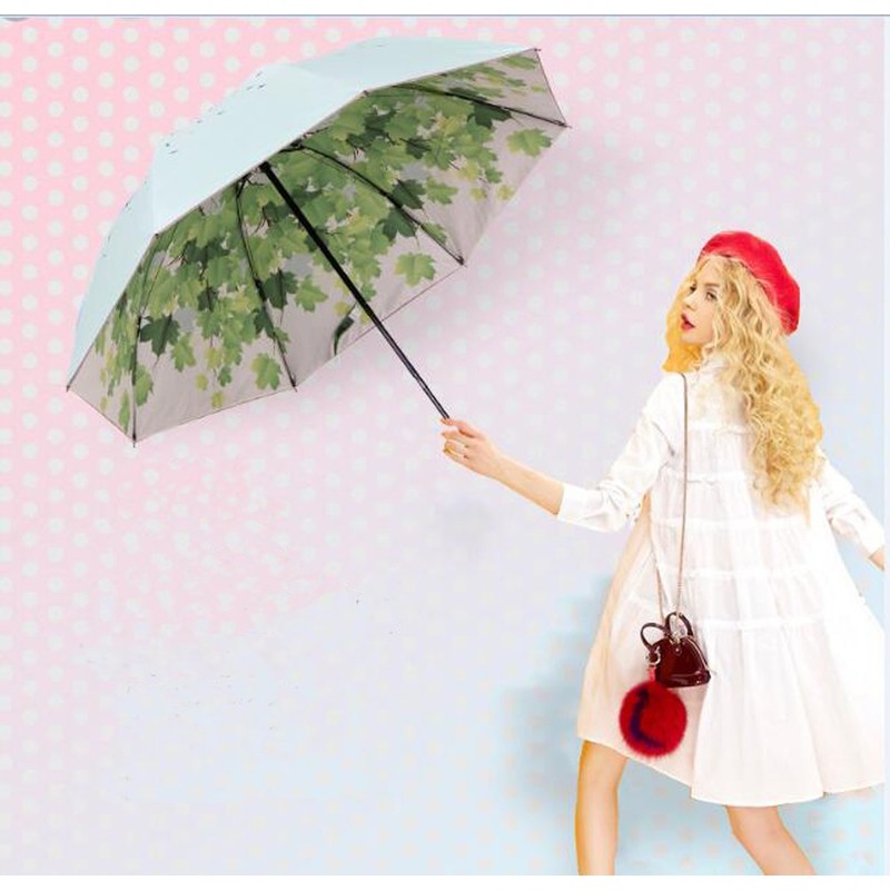 Green Tree Leaf Folding Travel Sun Umbrella Sunblock UV Protection