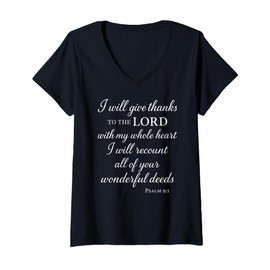 Womens I Will Give Thanks to The Lord Psalm 9:1 Christian Bible God V-Neck T-Shirt