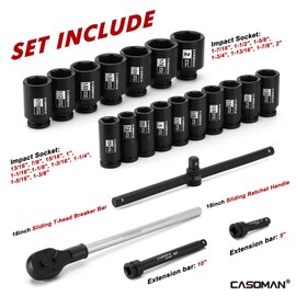 CASOMAN 3/4-Inch Drive Jumbo Master Impact Socket Set, 21PCS SAE Deep Socket Assortment (7/8" to 2"), Include Extension Bar and Ratchet Handle, CR-MO