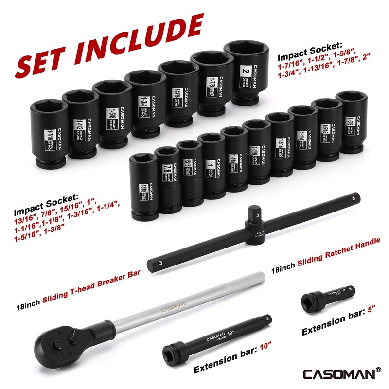 CASOMAN 3/4-Inch Drive Jumbo Master Impact Socket Set, 21PCS SAE