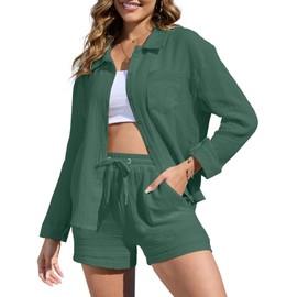 CheChury Summer Outfits Women's Two-Piece Trouser Suit Elegant Outfits Muslin Blouse Shirt and Shorts Y2k Aesthetic Clothes Loungewear Beach Holiday Outfit Set Leisure Suit Summer Lightweight