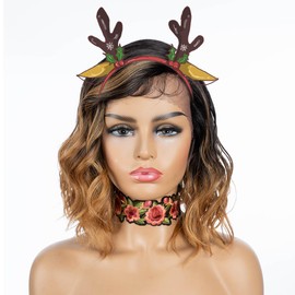 NOBLE Shoulder Length Side Part Lace Front Short Bob Wigs Brown Mixed Honey Blonde Body Wave Wigs Synthetic Heat Resistant Daily Party Wigs for Women