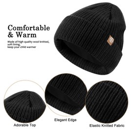 Winter Beanie Hat, Scarf, Gloves Set, Children's Winter Hat Scarf Gloves Set, Hat Warm Beanie Hat Boys Touchscreen Gloves Round Scarf Set for 5-12 Years, black