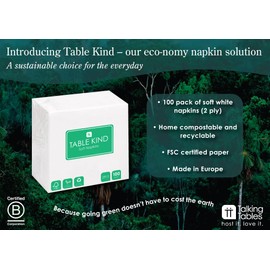 Table Kind - 100 Bulk Pack Soft White Napkins, Quality Serviettes for Parties, Catering & Everyday Use, Eco-Friendly Disposable Home Compostable FSC, Sustainable & Recyclable, Made in EU | 2ply | 33cm