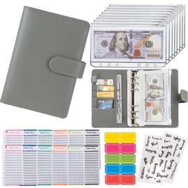 Budget Binder Cash Envelopes for Budgeting Money Organizer for Cash Money Envelopes for Cash Leather A6 Budget Binder with Zipper envelopes (Full Grey)