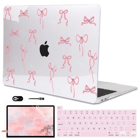 LCMOCICO for MacBook Pro 13 Inch Case 2022 M2 2020 2021 A2338 M1 A2251 A2289 with Touch Bar & Touch ID, Pattern Plastic Hard Case Keyboard Cover Screen Protector Webcam Cover Brush, Pink Bowknot