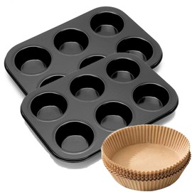 Sunbilien Baking Tray, 2 Carbon Steel molds and 20 Baking Papers, Pancake Mold, Muffin Tray,Cupcake can, Excellent Thermal Conductivity