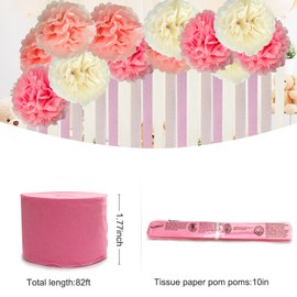 Pink Party Streamers Bridal Shower Decorations - Blush Pink Cream Colorful Paper Pom Poms Wall Decor for Baby Showers, Weddings, Graduations, Tea Parties, Engagement