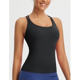 baleaf Women's Workout Tank Tops with Built in Bras Yoga Crop Longline Sports Bras Double Spaghetti Strap Black XS