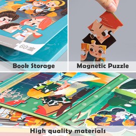 Magnetic Jigsaw Puzzles for Kids Ages 3-5 4-8,60 Pieces with Tri-Fold Magnetic Combination Book，Educational Toys Including Magnetic Plates, Gift for Toddlers Boys Girls 3+