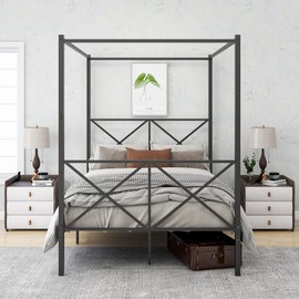 LUMISOL Canopy Bed Frame, Metal Four Posters Canopy Bed Frame with X-Shaped Headboard and Footboard, No Box Spring Needed, Full Size, Black