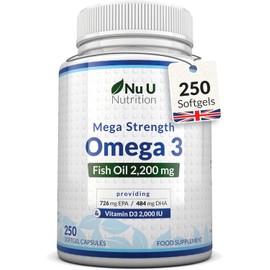 Omega 3 2200mg & Vitamin D3 2000IU - 250 Softgel Capsules - 720mg EPA & 480mg DHA per Serving - Alternative to Cod Liver Oil Capsules - High Strength 1100mg Fish Oil - Made in The UK - Nu U Nutrition