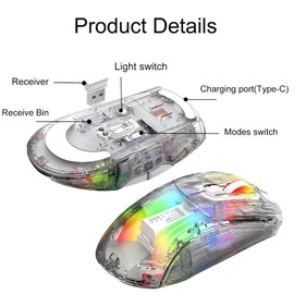 Lancoon Kabellose Gaming Maus Transparente Mechanische Maus mit 2.4G Optischem Sensor 5 Einstellbare DPI Ergonomisches Design Stummschalttaste für Computer Arbeiten Gaming (Weiß)
