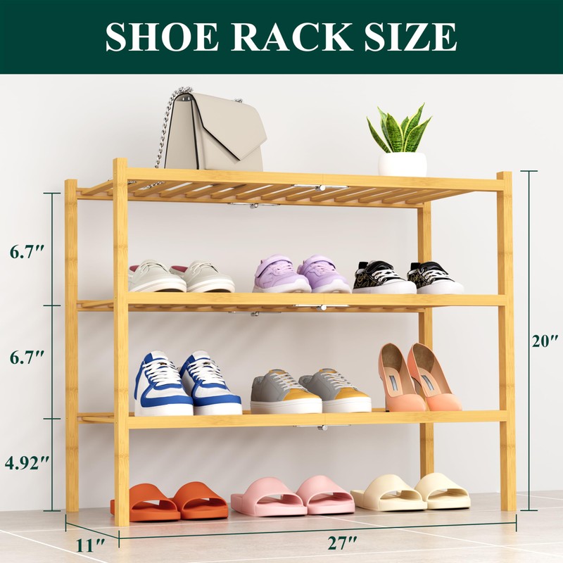 Smiry Shoe Rack, 3 Tier Thick Bamboo Shoe Organizer, Stackable