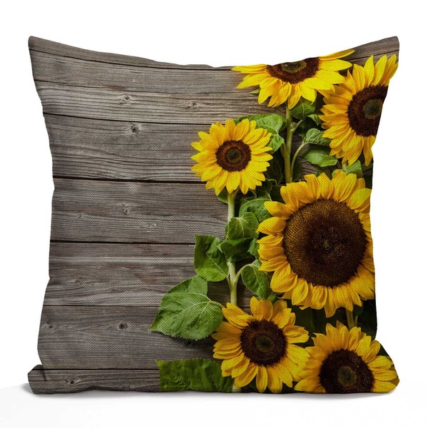 Tomda Sunflower on The Wooden Burlap Cushion Cover Throw Pillow