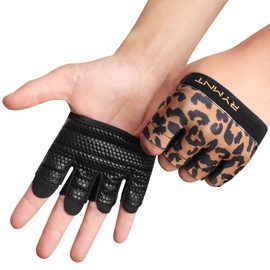 RYMNT Minimal Workout Gloves,Short Micro Weight Lifting Gloves Grip Pads with Full Palm Protection & Extra Grip for Men Women Weightlifting,Gym,Cross Training,Powerlifting,WODs.Leopard-Large
