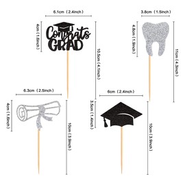 Ercadio Paquete de 24 adornos para cupcakes de graduación de dentista, color negro y plateado, con purpurina, felicitaciones, dientes de graduación, 2023, para decoración de pasteles de fiesta temática de graduación 2023