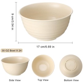 Kigley 24 Pcs Unbreakable Cereal Bowls with Straw 30 oz Wheat Straw Bowls Bulk Microwave and Dishwasher Safe Reusable Set Dessert,Ramen,Fruit,Soup,Oatmeal,Pasta,Salad,Deep Lightweight(Beige)