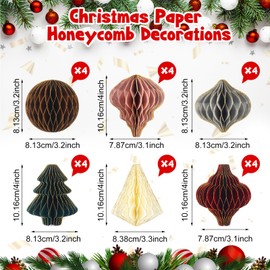 Nezyo 24 Pieces Christmas Paper Honeycomb Ornaments with Glitter Edge Brown Hanging Paper Lanterns Ornament Boho Balls Christmas Ornaments for Christmas Tree Xmas Party Pom Poms (Classic)