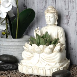 BELLA HAUS DESIGN Buddha Planter – 9.5" Tall Polyresin - Zen Plant Pot Holder for Succulent, Flower, Cactus - Garden Lotus Statue Indoor or Outdoor Decor