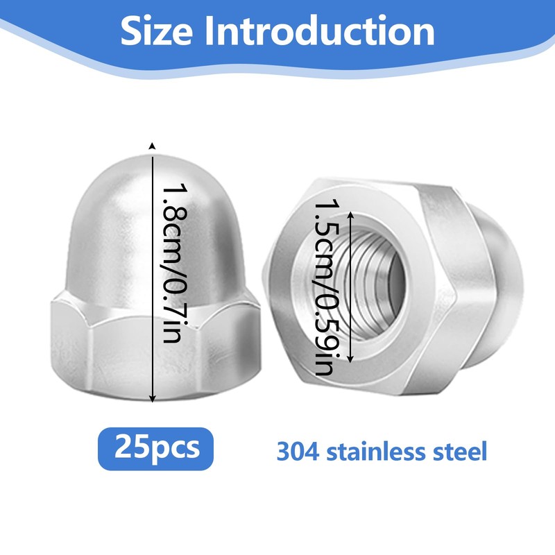 Acorn Nuts M10 Stainless Steel, Pack of 25 Acorn Nuts,