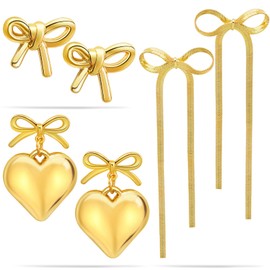 RechicGu 3 Pairs Bow Heart Pearl Earrings for Women Trendy 925 Sterling Silver Hook, Tassels Dangle Drop,Ribbon Bow,Wedding Accessories Jewelry Set,Christmas Valentine Gift,Gold…