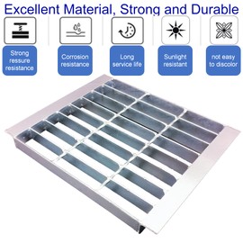 MOSINSBO Galvanized Steel Drain Grate with Base, 12x12 Outdoor Drain Cover and Frame, B Class Sewer Grate with Lip, Durable Heavy Duty Channel Grate, Sliver Square Drainage Grate Driveway