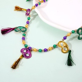 Mardi Gras Necklace Beads Necklace for Women Glitter Mask Pendant Necklace Purple Green Gold Beads Necklace Tassel Drop Dangle Necklace Mardi Gras Carnival Parade Fat Tuesday Party Jewelry (Mask Bead Necklace)