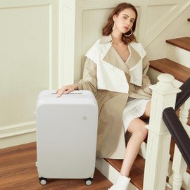 mixi Upgrade Luggage Suitcases with Spinner Wheels, Hardside Rolling Suitcase PC with TSA Lock Travel Case 24in Checked in, Fine Grid Smoke White