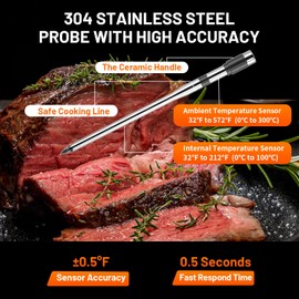 TEMMIO Meat Thermometer Digital - Instant Read Grill Food Thermometer Wireless, 0.19In Ultra-Thin Dual Sensor Probe, 5.2 Bluetooth 800ft App Alerts, Waterproof, Heat Resistant for BBQ, Oven, Kitchen