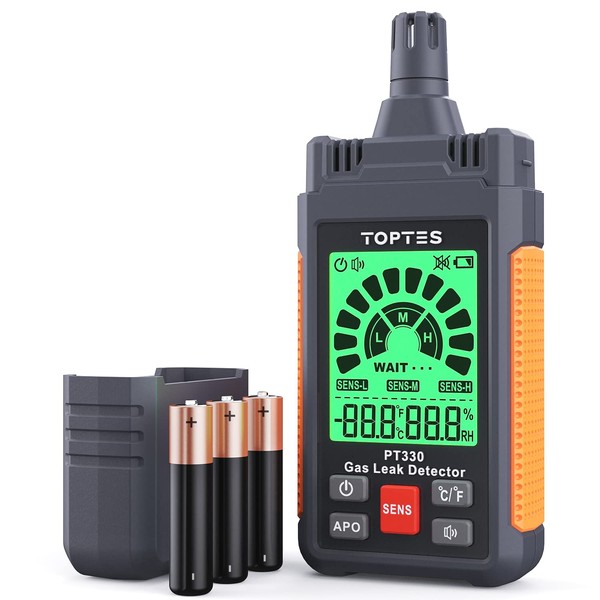 Gas Leak Detector, TopTes PT330 Natural Gas Detector with Audible & Visual Alarm to Locate Combustible Gas Leaks Like Natural Gas, Propane for Home and RV (Includes Battery x3) - Orange