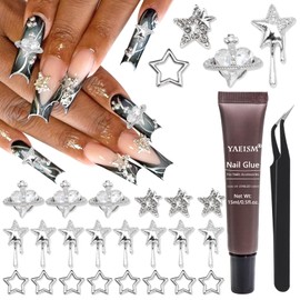 YAEISM Star Nail Charms 3D Crystal Planet Charms Alloy Silver Nail Charms Shiny Starlight Nail Gems with Glue Gel,Tweezer for Nail Art and DIY Crafts Decoration