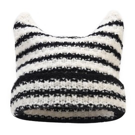 Heyjoin Women Striped Beanie Hat with Little Devil Horn Winter Warm Cat Ears Knitted Cap(Black and White)