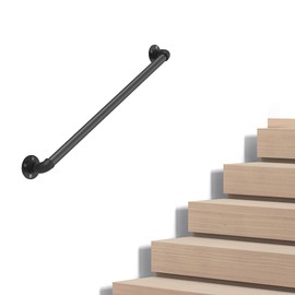 Industrial Pipe Stair Handrail, Wall-Mounted Metal Hand Rail for Indoor & Outdoor Steps, Black Galvanized Iron, Vintage Farmhouse Style, Heavy Duty Support for Stairs & Porch (Black, 2ft)