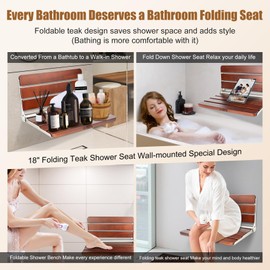 18" Teak Folding Shower Seat Wall Mounted,Fold Down Shower Bench for Small Shower Space, Home Care Teak Wood Stool for Inside Shower