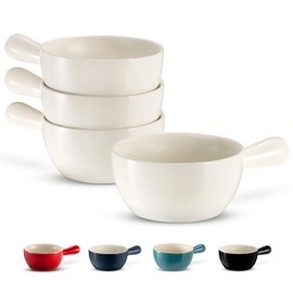 Kook French Onion Soup Crocks, Stackable Ceramic Bowls with Handles, Oven, Microwave and Dishwasher Safe, for Cereal, Soups, Casseroles, with Handle, Stoneware, 24 oz, Set of 4, White